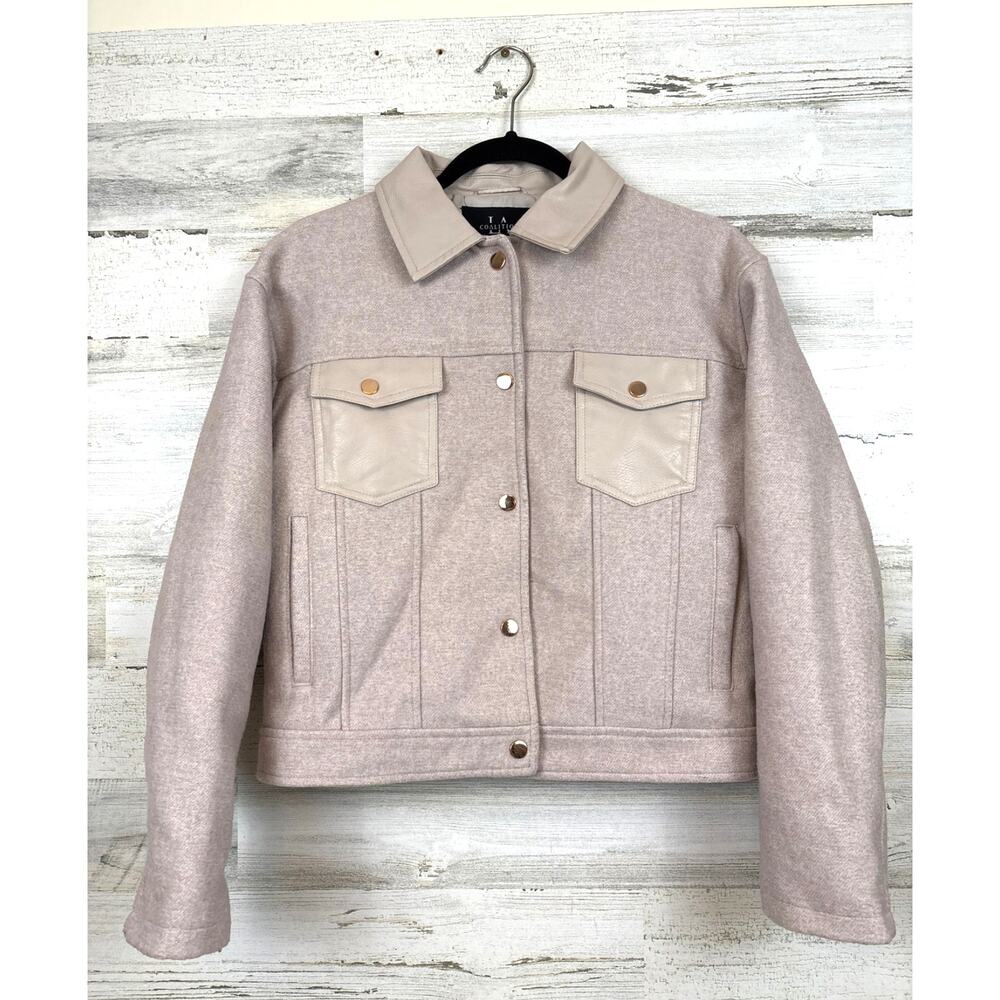 LA Coalition Womens M Tan Fabric Vegan Leather Accent Snap Front Jacket NEW